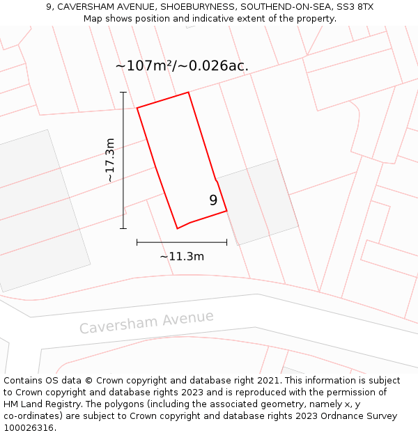 9, CAVERSHAM AVENUE, SHOEBURYNESS, SOUTHEND-ON-SEA, SS3 8TX: Plot and title map