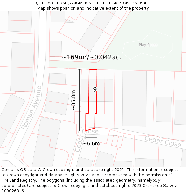 9, CEDAR CLOSE, ANGMERING, LITTLEHAMPTON, BN16 4GD: Plot and title map