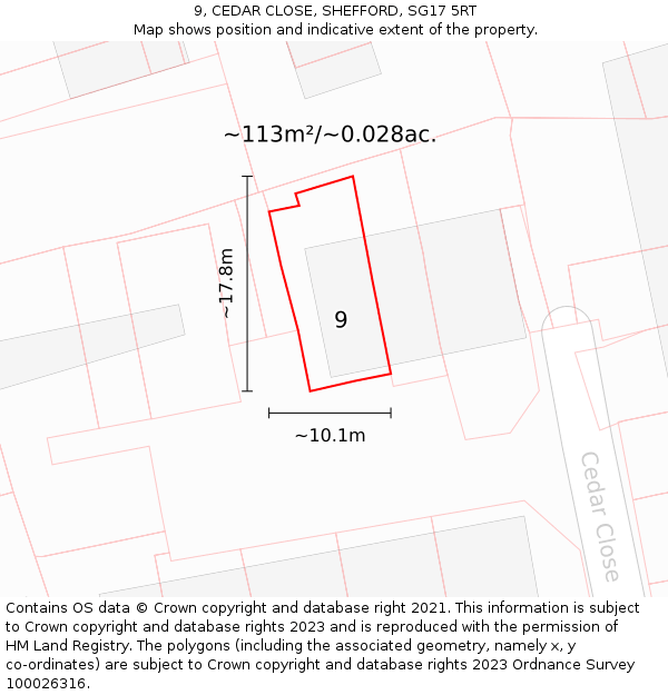 9, CEDAR CLOSE, SHEFFORD, SG17 5RT: Plot and title map
