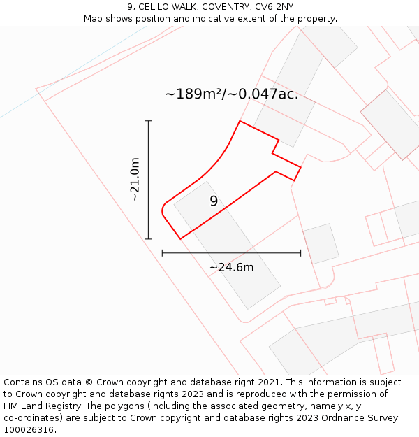 9, CELILO WALK, COVENTRY, CV6 2NY: Plot and title map