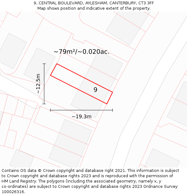 9, CENTRAL BOULEVARD, AYLESHAM, CANTERBURY, CT3 3FF: Plot and title map