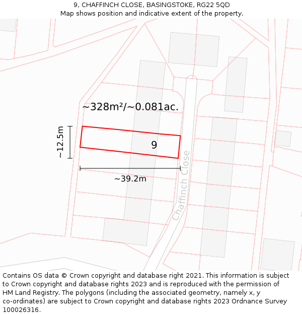9, CHAFFINCH CLOSE, BASINGSTOKE, RG22 5QD: Plot and title map
