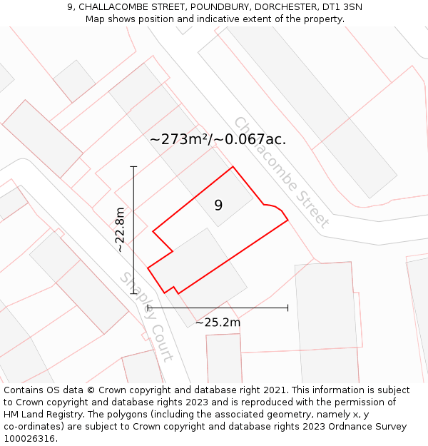 9, CHALLACOMBE STREET, POUNDBURY, DORCHESTER, DT1 3SN: Plot and title map