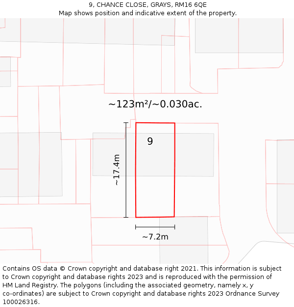 9, CHANCE CLOSE, GRAYS, RM16 6QE: Plot and title map