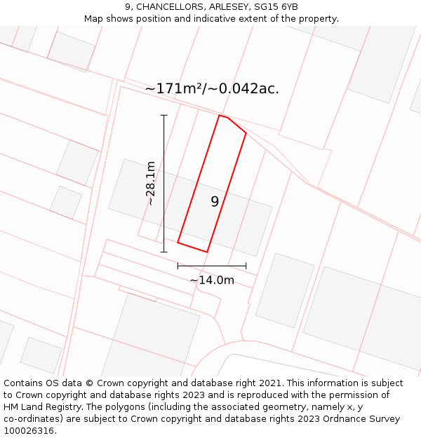 9, CHANCELLORS, ARLESEY, SG15 6YB: Plot and title map