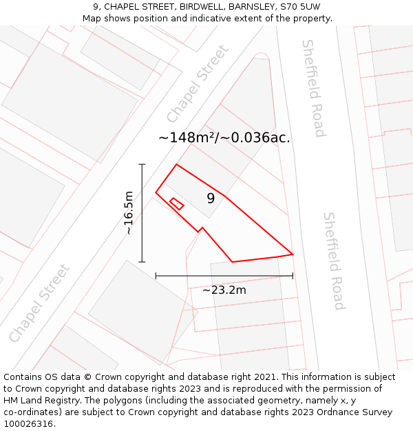 9, CHAPEL STREET, BIRDWELL, BARNSLEY, S70 5UW: Plot and title map