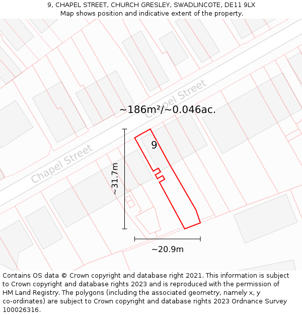 9, CHAPEL STREET, CHURCH GRESLEY, SWADLINCOTE, DE11 9LX: Plot and title map
