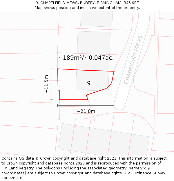 9, CHAPELFIELD MEWS, RUBERY, BIRMINGHAM, B45 9EE: Plot and title map