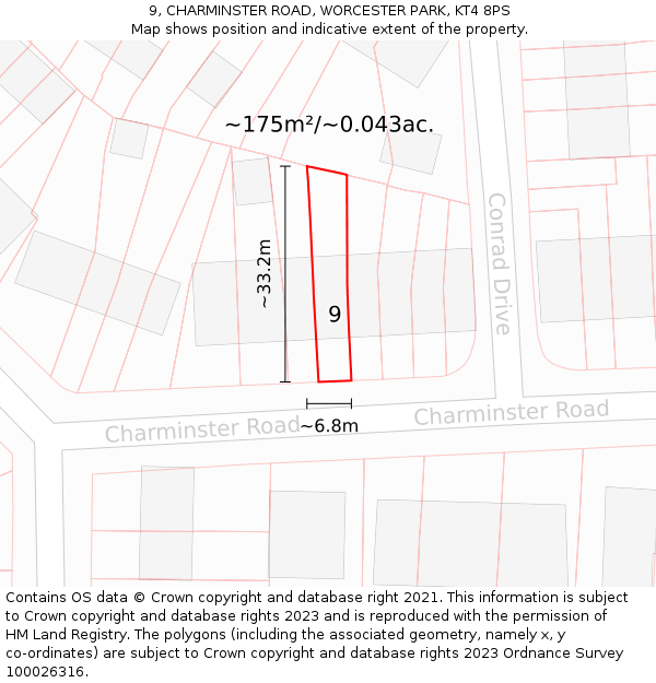 9, CHARMINSTER ROAD, WORCESTER PARK, KT4 8PS: Plot and title map