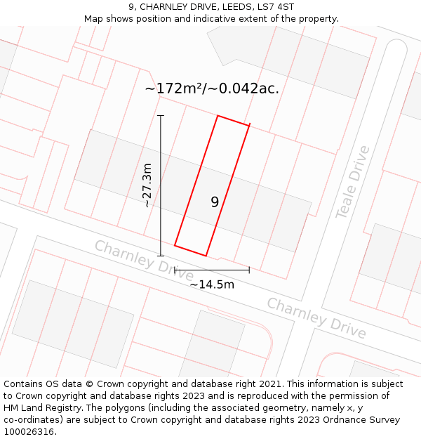 9, CHARNLEY DRIVE, LEEDS, LS7 4ST: Plot and title map