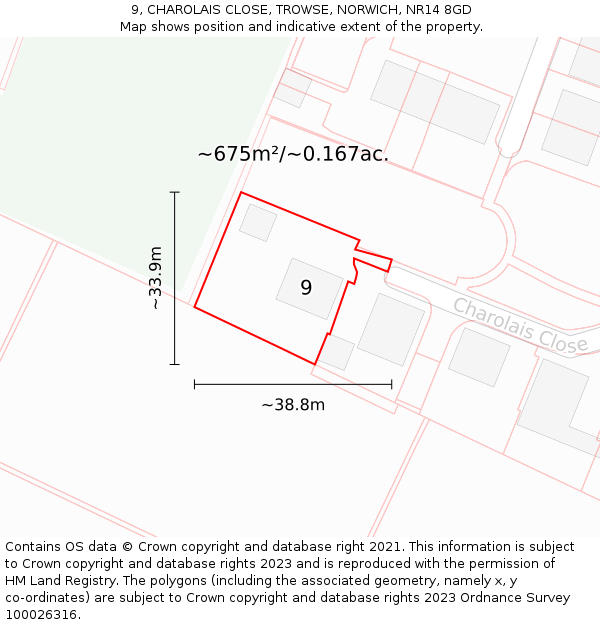 9, CHAROLAIS CLOSE, TROWSE, NORWICH, NR14 8GD: Plot and title map