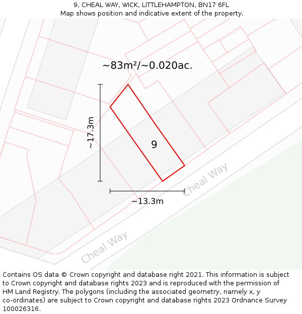 9, CHEAL WAY, WICK, LITTLEHAMPTON, BN17 6FL: Plot and title map