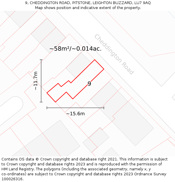 9, CHEDDINGTON ROAD, PITSTONE, LEIGHTON BUZZARD, LU7 9AQ: Plot and title map