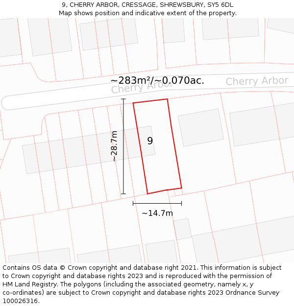 9, CHERRY ARBOR, CRESSAGE, SHREWSBURY, SY5 6DL: Plot and title map