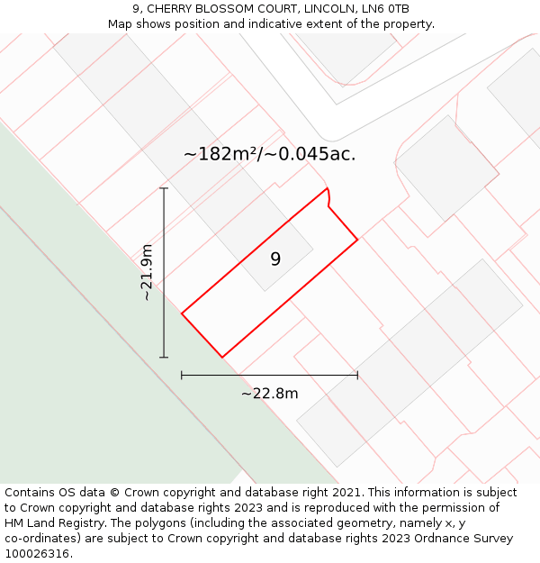 9, CHERRY BLOSSOM COURT, LINCOLN, LN6 0TB: Plot and title map