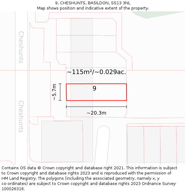 9, CHESHUNTS, BASILDON, SS13 3NL: Plot and title map