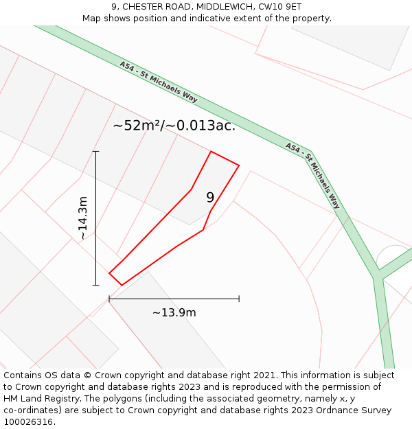 9, CHESTER ROAD, MIDDLEWICH, CW10 9ET: Plot and title map