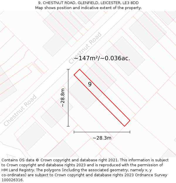 9, CHESTNUT ROAD, GLENFIELD, LEICESTER, LE3 8DD: Plot and title map