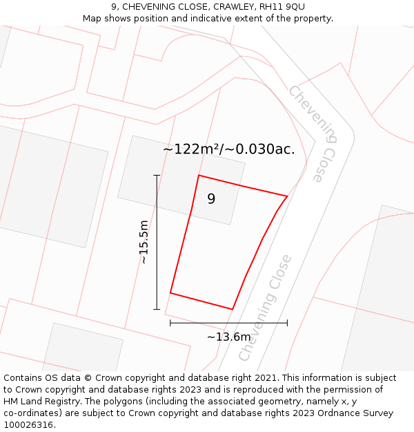 9, CHEVENING CLOSE, CRAWLEY, RH11 9QU: Plot and title map