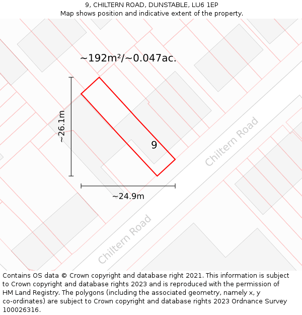 9, CHILTERN ROAD, DUNSTABLE, LU6 1EP: Plot and title map