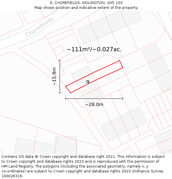 9, CHOREFIELDS, KIDLINGTON, OX5 1SX: Plot and title map