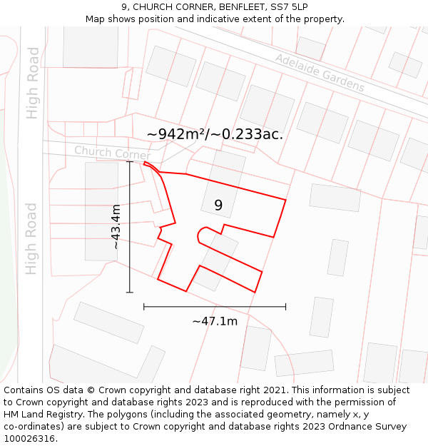 9, CHURCH CORNER, BENFLEET, SS7 5LP: Plot and title map
