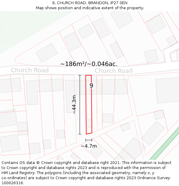 9, CHURCH ROAD, BRANDON, IP27 0EN: Plot and title map