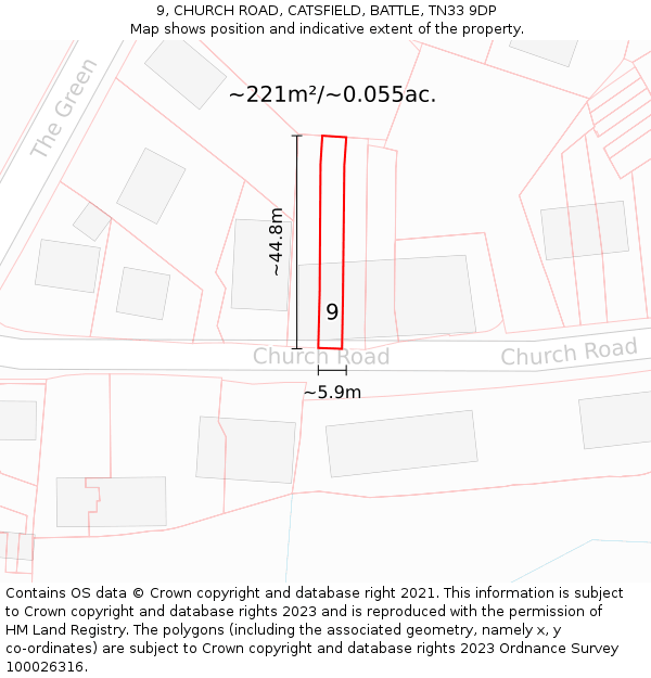 9, CHURCH ROAD, CATSFIELD, BATTLE, TN33 9DP: Plot and title map