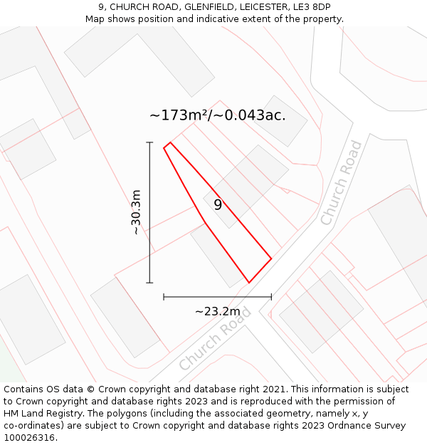 9, CHURCH ROAD, GLENFIELD, LEICESTER, LE3 8DP: Plot and title map