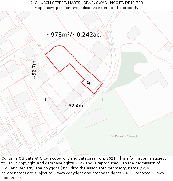 9, CHURCH STREET, HARTSHORNE, SWADLINCOTE, DE11 7ER: Plot and title map