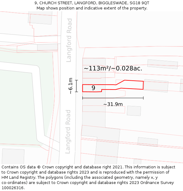 9, CHURCH STREET, LANGFORD, BIGGLESWADE, SG18 9QT: Plot and title map