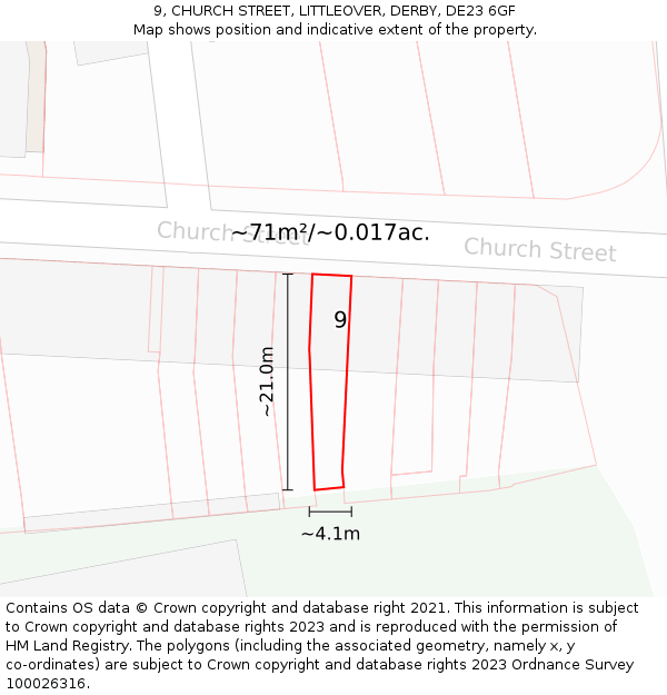 9, CHURCH STREET, LITTLEOVER, DERBY, DE23 6GF: Plot and title map