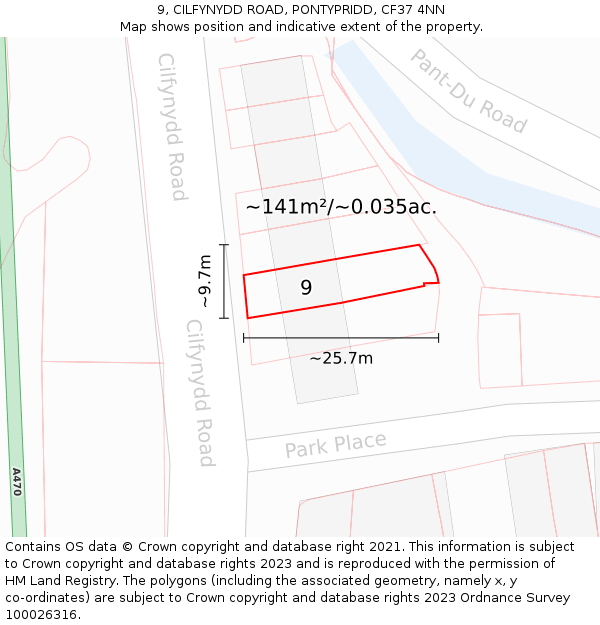 9, CILFYNYDD ROAD, PONTYPRIDD, CF37 4NN: Plot and title map