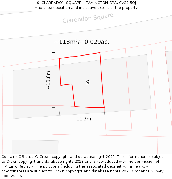 9, CLARENDON SQUARE, LEAMINGTON SPA, CV32 5QJ: Plot and title map