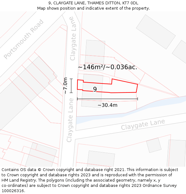 9, CLAYGATE LANE, THAMES DITTON, KT7 0DL: Plot and title map