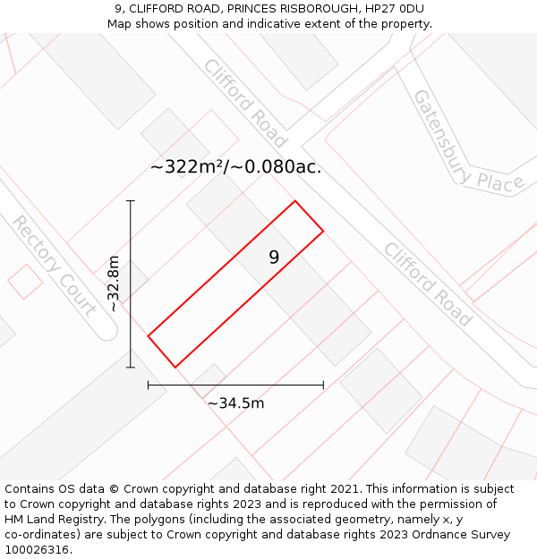 9, CLIFFORD ROAD, PRINCES RISBOROUGH, HP27 0DU: Plot and title map