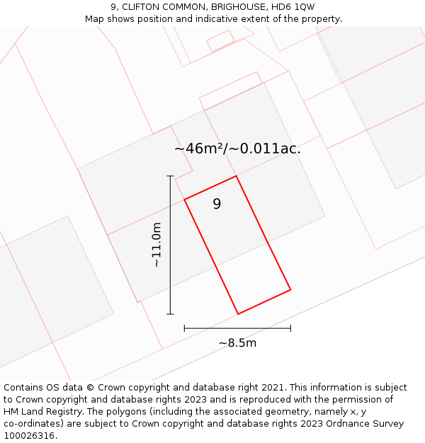 9, CLIFTON COMMON, BRIGHOUSE, HD6 1QW: Plot and title map