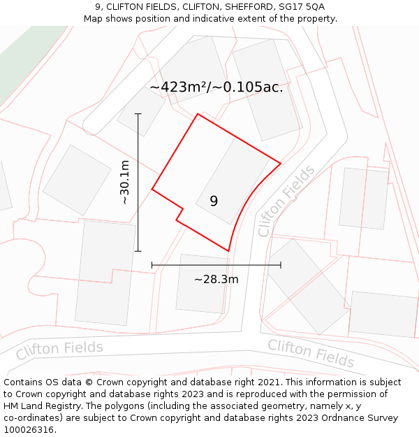 9, CLIFTON FIELDS, CLIFTON, SHEFFORD, SG17 5QA: Plot and title map