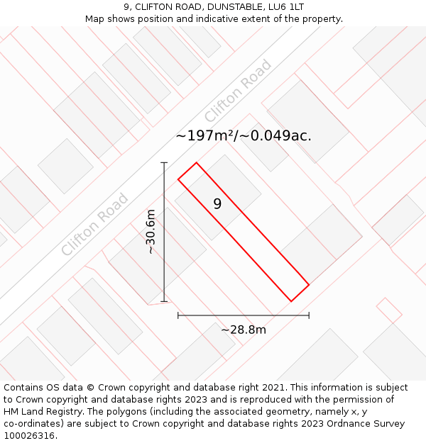 9, CLIFTON ROAD, DUNSTABLE, LU6 1LT: Plot and title map