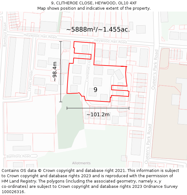 9, CLITHEROE CLOSE, HEYWOOD, OL10 4XF: Plot and title map