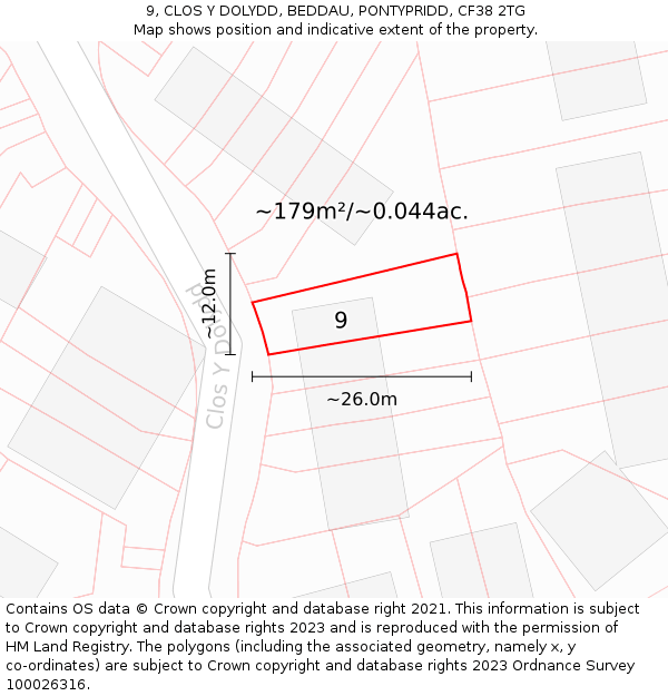 9, CLOS Y DOLYDD, BEDDAU, PONTYPRIDD, CF38 2TG: Plot and title map