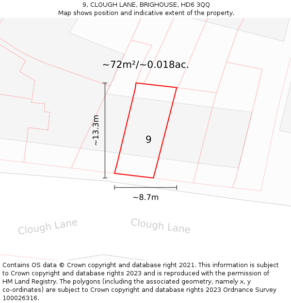 9, CLOUGH LANE, BRIGHOUSE, HD6 3QQ: Plot and title map