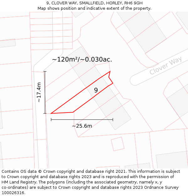 9, CLOVER WAY, SMALLFIELD, HORLEY, RH6 9GH: Plot and title map