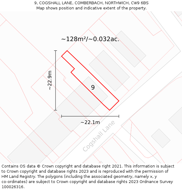 9, COGSHALL LANE, COMBERBACH, NORTHWICH, CW9 6BS: Plot and title map