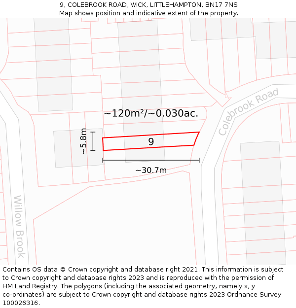 9, COLEBROOK ROAD, WICK, LITTLEHAMPTON, BN17 7NS: Plot and title map