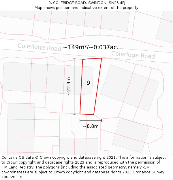 9, COLERIDGE ROAD, SWINDON, SN25 4FJ: Plot and title map