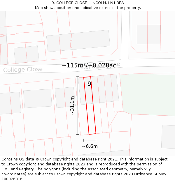 9, COLLEGE CLOSE, LINCOLN, LN1 3EA: Plot and title map