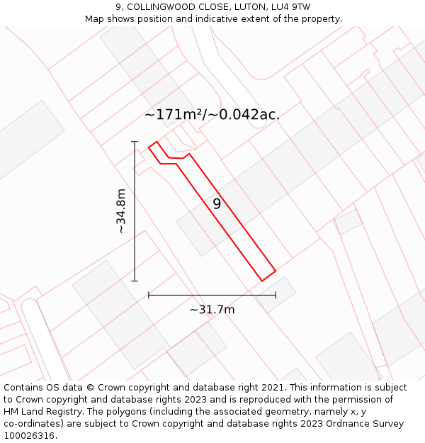 9, COLLINGWOOD CLOSE, LUTON, LU4 9TW: Plot and title map
