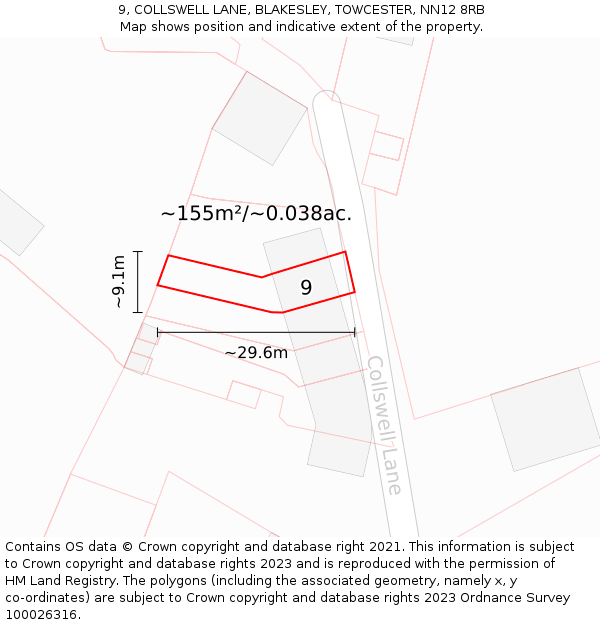9, COLLSWELL LANE, BLAKESLEY, TOWCESTER, NN12 8RB: Plot and title map