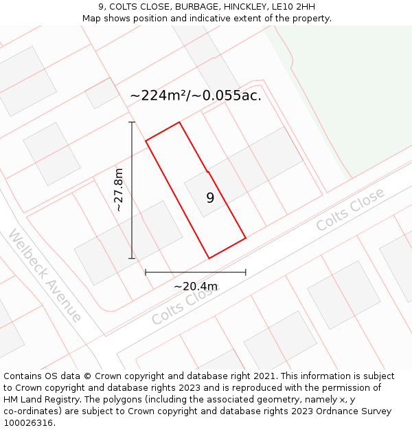 9, COLTS CLOSE, BURBAGE, HINCKLEY, LE10 2HH: Plot and title map